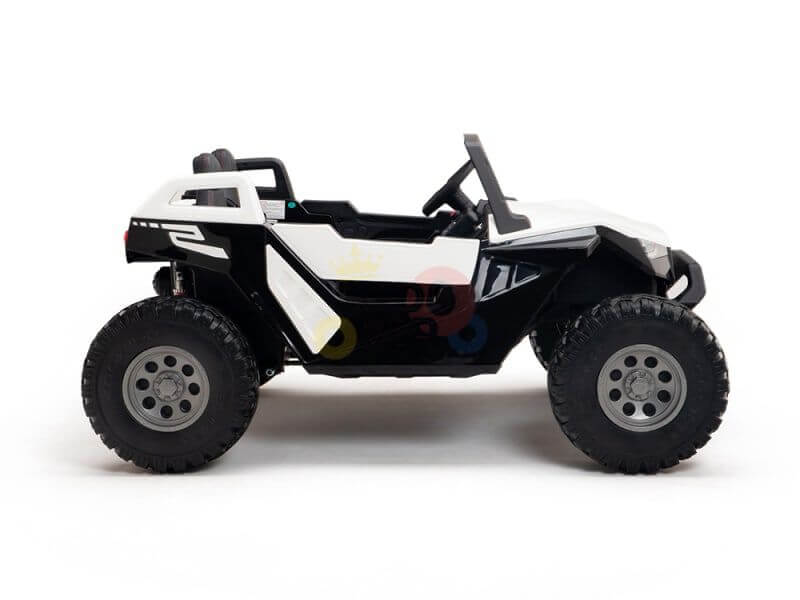 A side view of a White 24V/4X4 Dune Buggy Ride On UTV toy with large rubber wheels and minimalist design, set against a plain white background.