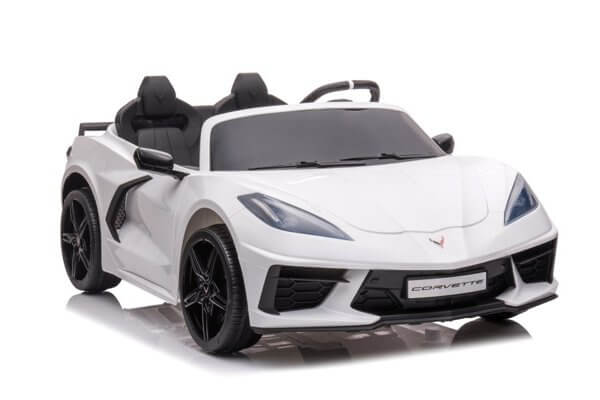 The Kids Premium 24V White Corvette C8, featuring dual-seater leather seats, black EVA wheels, remote control, and a sleek sports car design with a low profile and prominent front bumper.