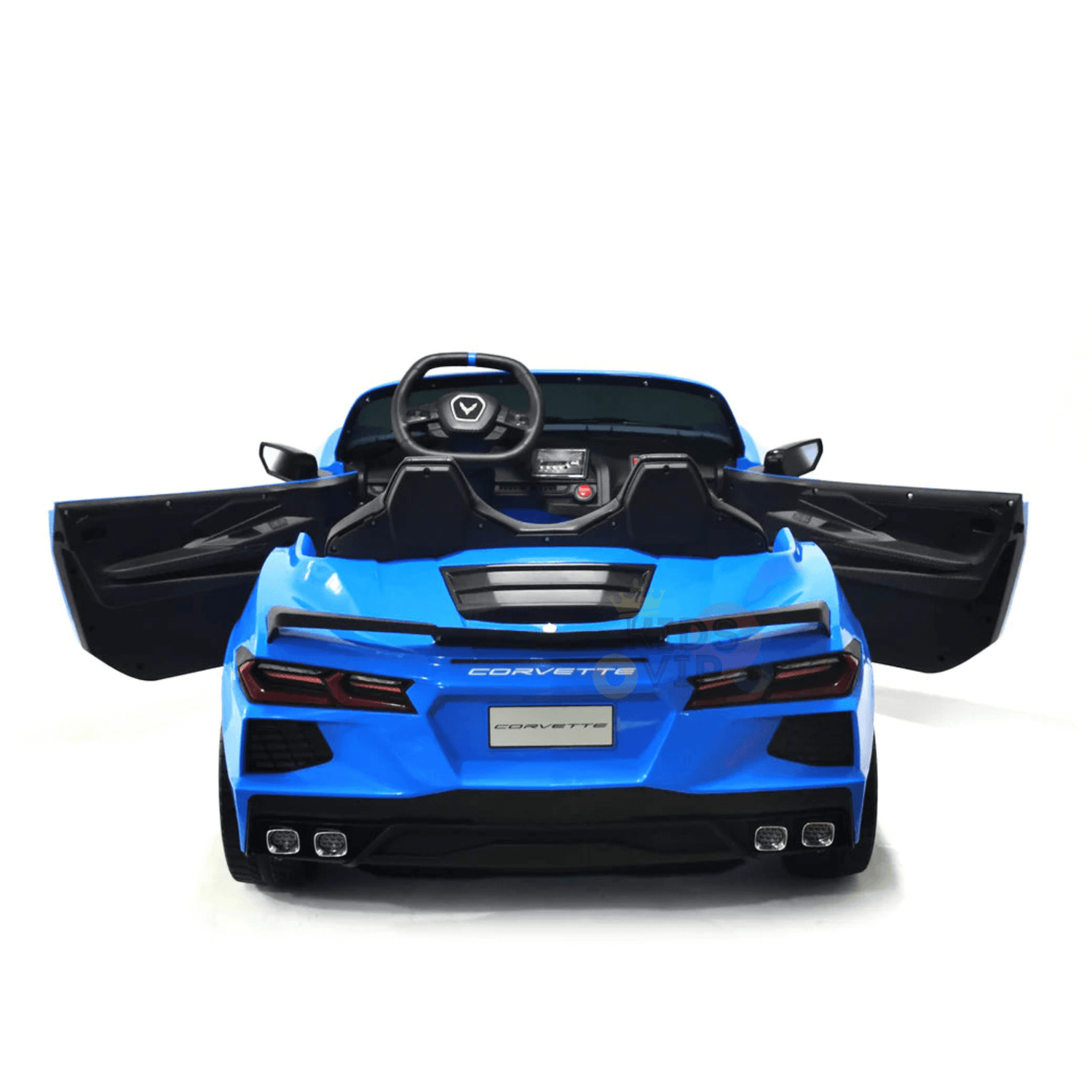 The Kids Premium 24V Blue Corvette C8 Dual-Seater features a convertible design, open doors, and a detailed dash with a steering wheel. Cushy leather seats and durable EVA wheels adorn it against a white backdrop.