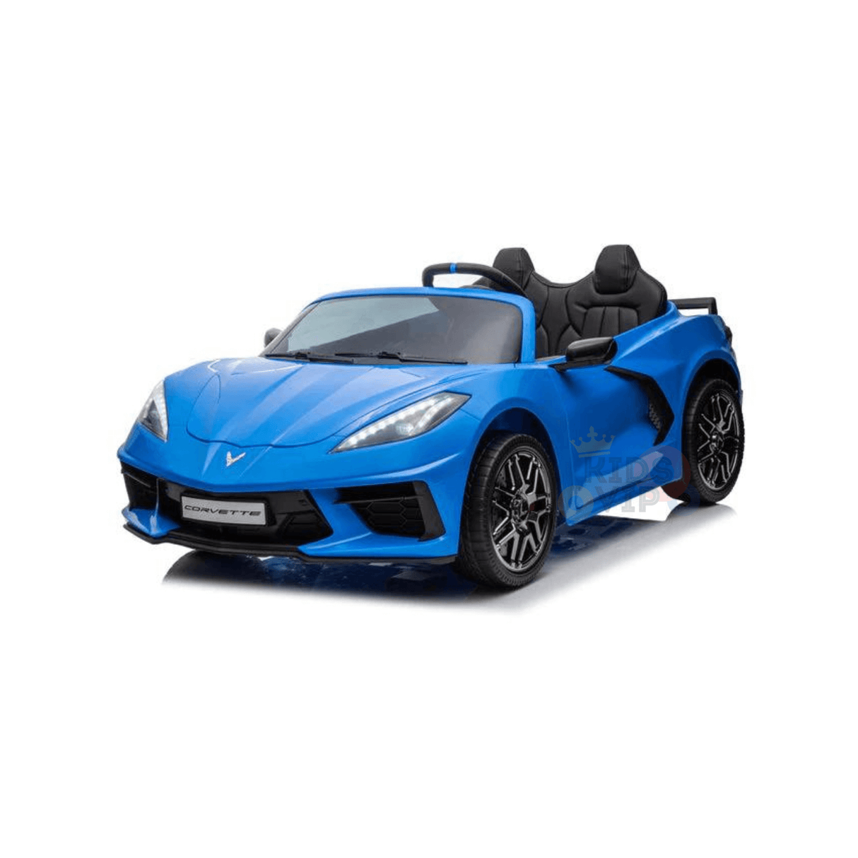 The Kids Premium 24V Blue Corvette C8 Dual-Seater features EVA wheels, leather seats, and a sleek sports car design with detailed elements like a front grille and black wheels.