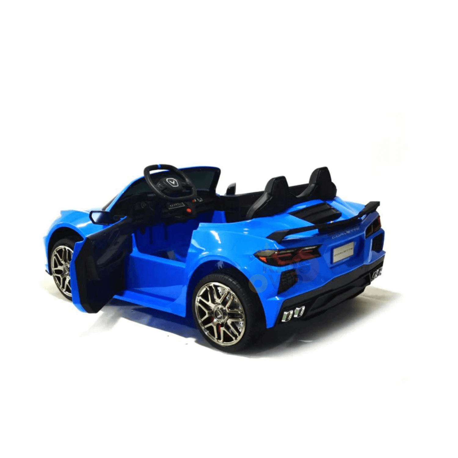 Kids Premium 24V Blue Corvette C8 Dual-Seater with open doors, black leather seats, silver accents, and EVA wheels. Features realistic details like front and rear lights, steering wheel, and side mirrors. Displayed on a white background.