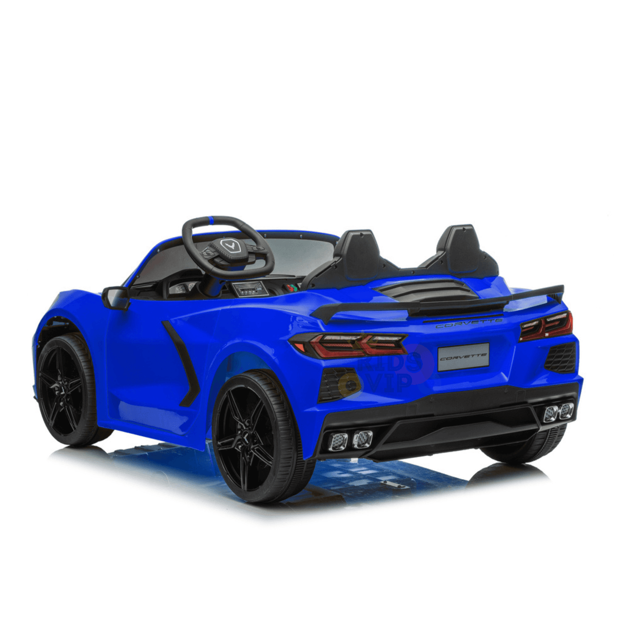 Explore the Kids Premium 24V Blue Corvette C8, a stylish dual-seater toy with black accents. Featuring leather seats, EVA wheels, and a sporty steering wheel, it mimics a real sports cars design perfectly and includes a remote control for added fun.