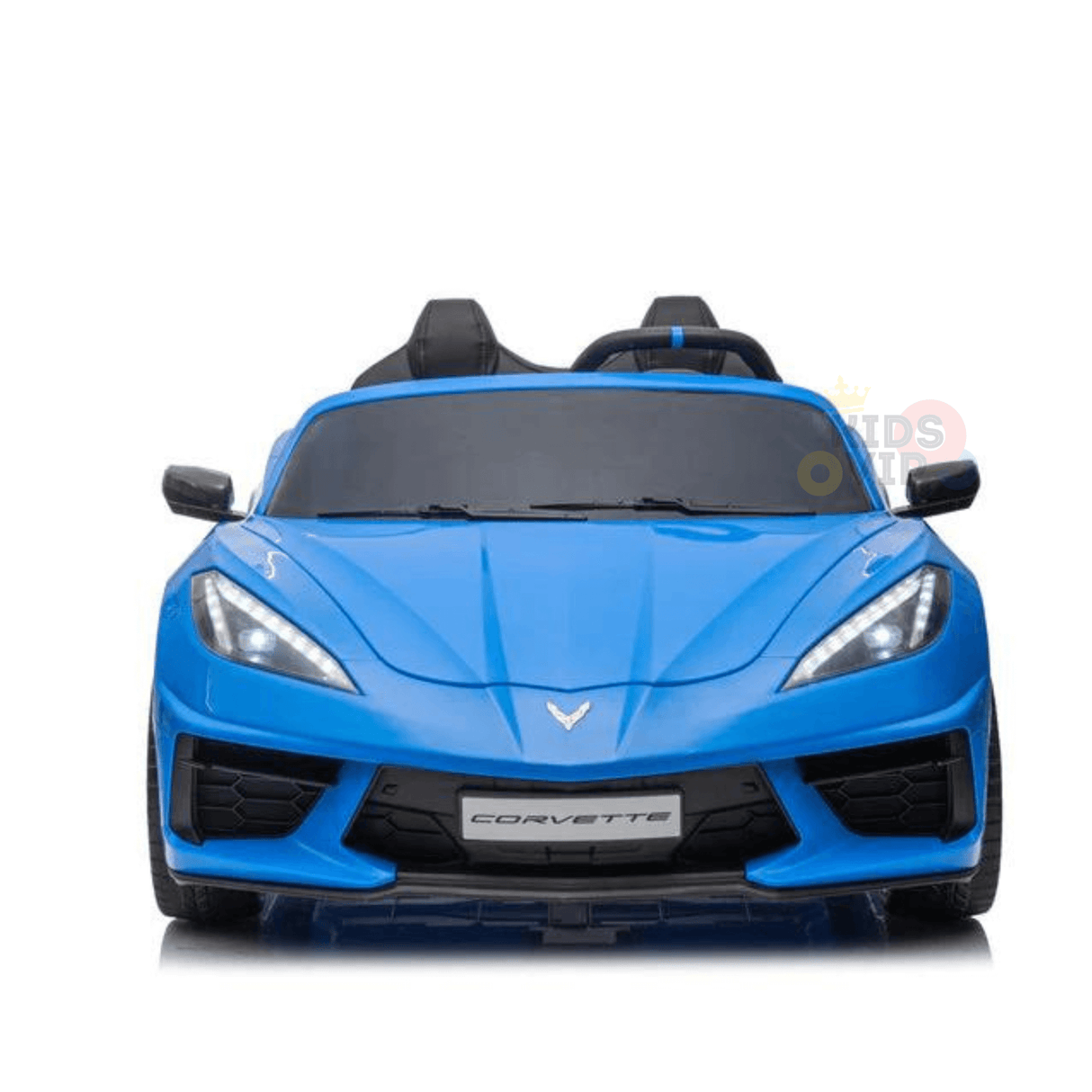 Introducing the Kids Premium 24V Blue Corvette C8 Dual-Seater, designed for young racers with EVA wheels, leather seats, and a remote. Its sleek headlights, black grille, and iconic Corvette logo make it perfect for little adventurers in style.