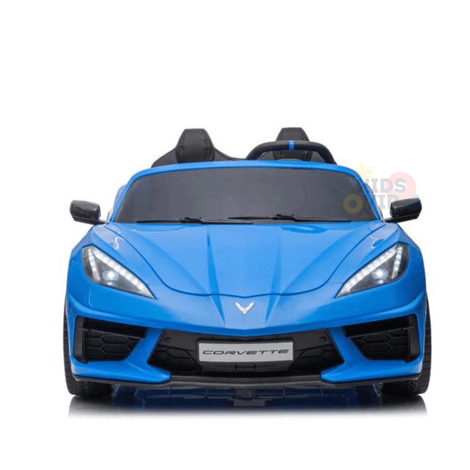Introducing the Kids Premium 24V Blue Corvette C8 Dual-Seater, designed for young racers with EVA wheels, leather seats, and a remote. Its sleek headlights, black grille, and iconic Corvette logo make it perfect for little adventurers in style.