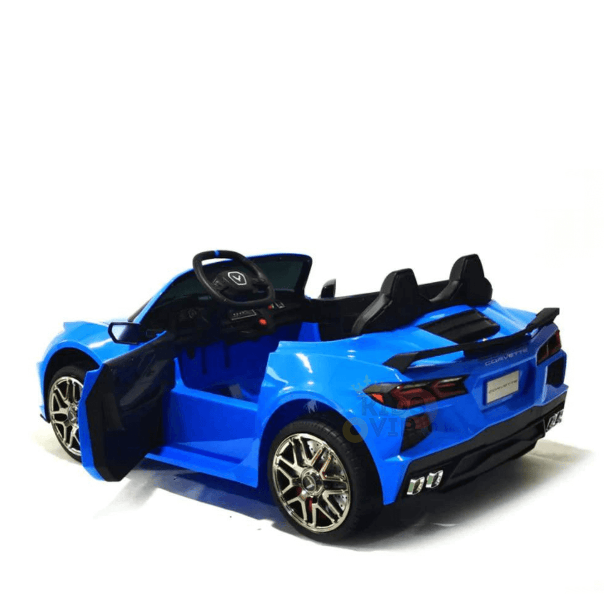 The Kids Premium 24V Blue Corvette C8 Dual-Seater is a stunning toy convertible with EVA wheels and a drivers door that opens. It features a black interior with a steering wheel and leather seats, perfectly resembling a real sports car for young enthusiasts.