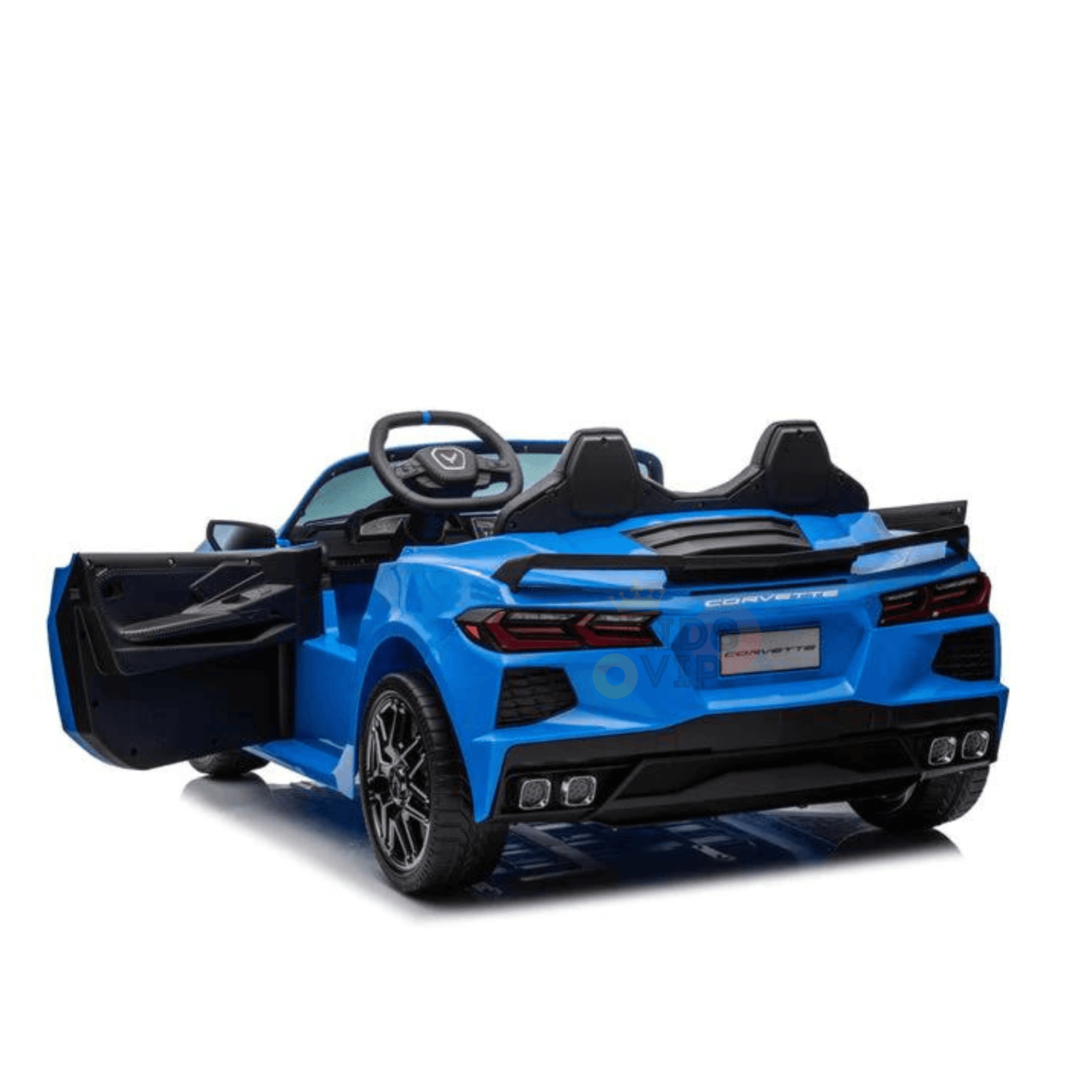 The Kids Premium 24V Blue Corvette C8 Dual-Seater is a sporty delight with sleek black leather seats, detailed rear lights, and EVA wheels. Perfect for young drivers!.