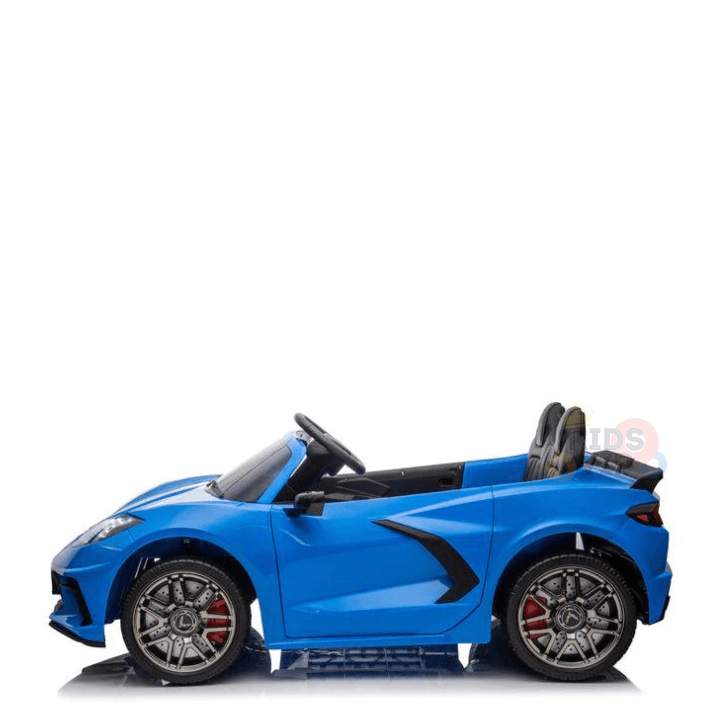 The Kids Premium 24V Blue Corvette C8 Dual-Seater features EVA wheels and black/yellow leather seats. This ride-on sports car, styled as a convertible, shines brilliantly against a white backdrop with its detailed design and sporty essence.