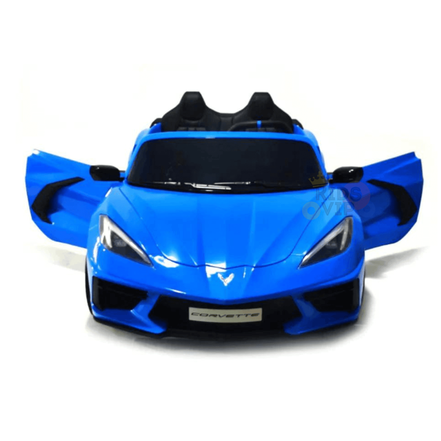 The Kids Premium 24V Blue Corvette C8 Dual-Seater has EVA wheels, leather seats, and open scissor doors. It resembles a sports car and features a Corvette front license plate, offering young drivers a stylish ride.