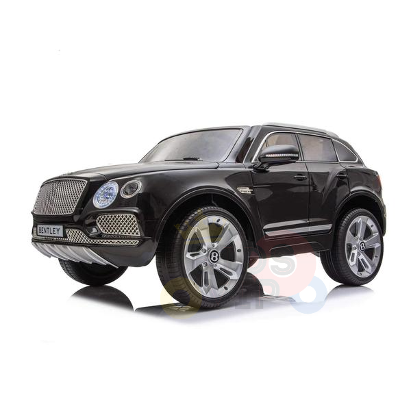 The Black Licensed Bentley Bentayga Complete Edition 12V Kids Ride-On Car, set against a white background, features detailed silver rims, a front grille, side mirrors, parental remote control options, and a stylish leather seat for an authentic SUV-like ride.