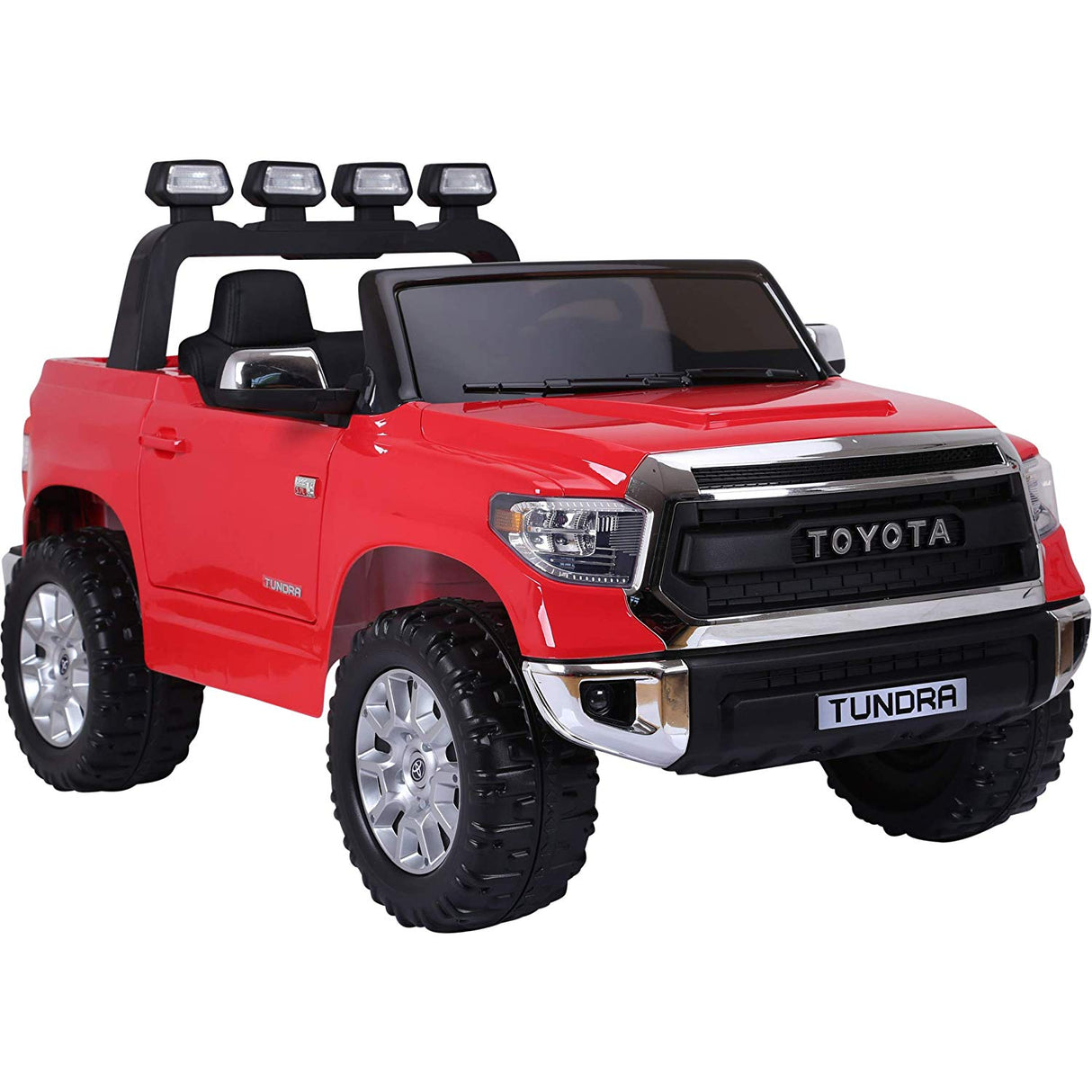 The Red 12v Licensed Toyota Tundra, 2 Seater Kids Ride On Truck with RC, is an adventure machine featuring large black wheels, a front grille with the Toyota logo, extra top lights, side mirrors, and an open topβperfect for little drivers.