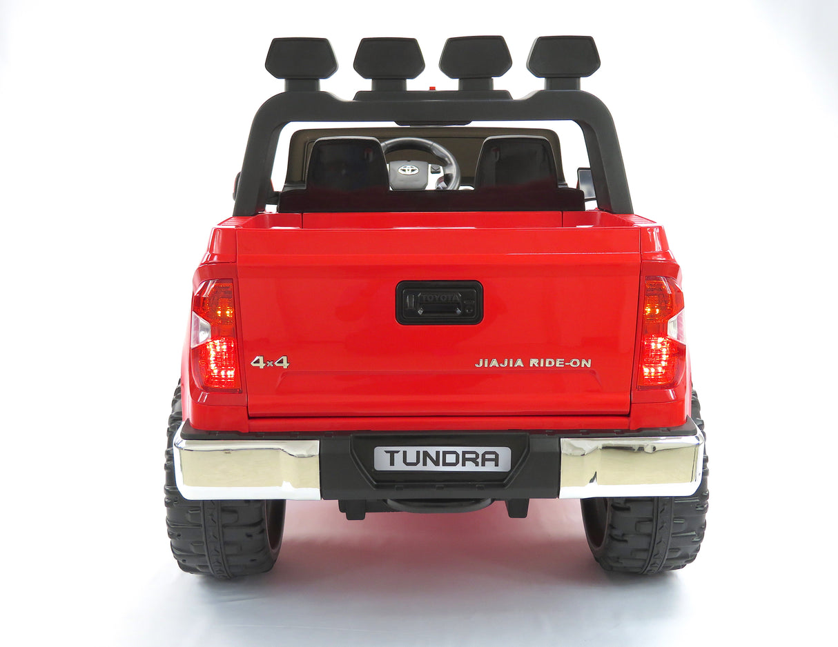 A Red 12v Licensed Toyota Tundra Kids Ride On Truck, labeled TUNDRA and 4x4, is set against a white background. This 2 Seater RC model features black roll bars with lights and a visible steering wheel, offering an adventurous ride.