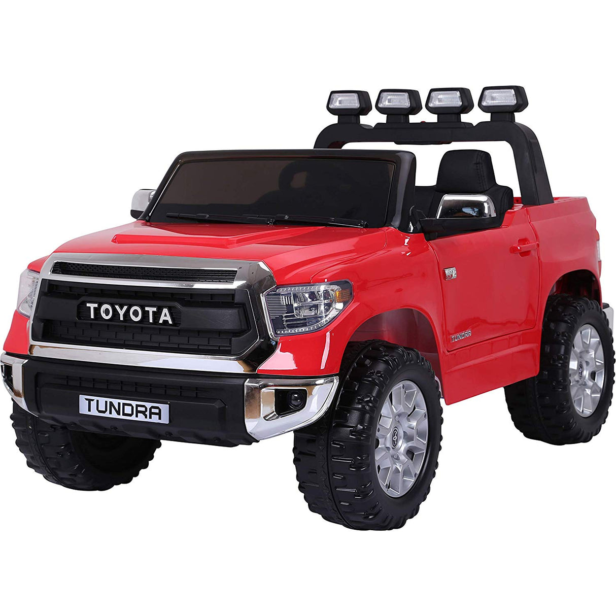 The Red 12v Licensed Toyota Tundra, a two-seater kids ride-on truck, now in the Eva Edition, boasts a realistic design with a chrome grille, large black wheels, roll bar lights, and an open-top. Its detailed interior is ideal for adventurous children.