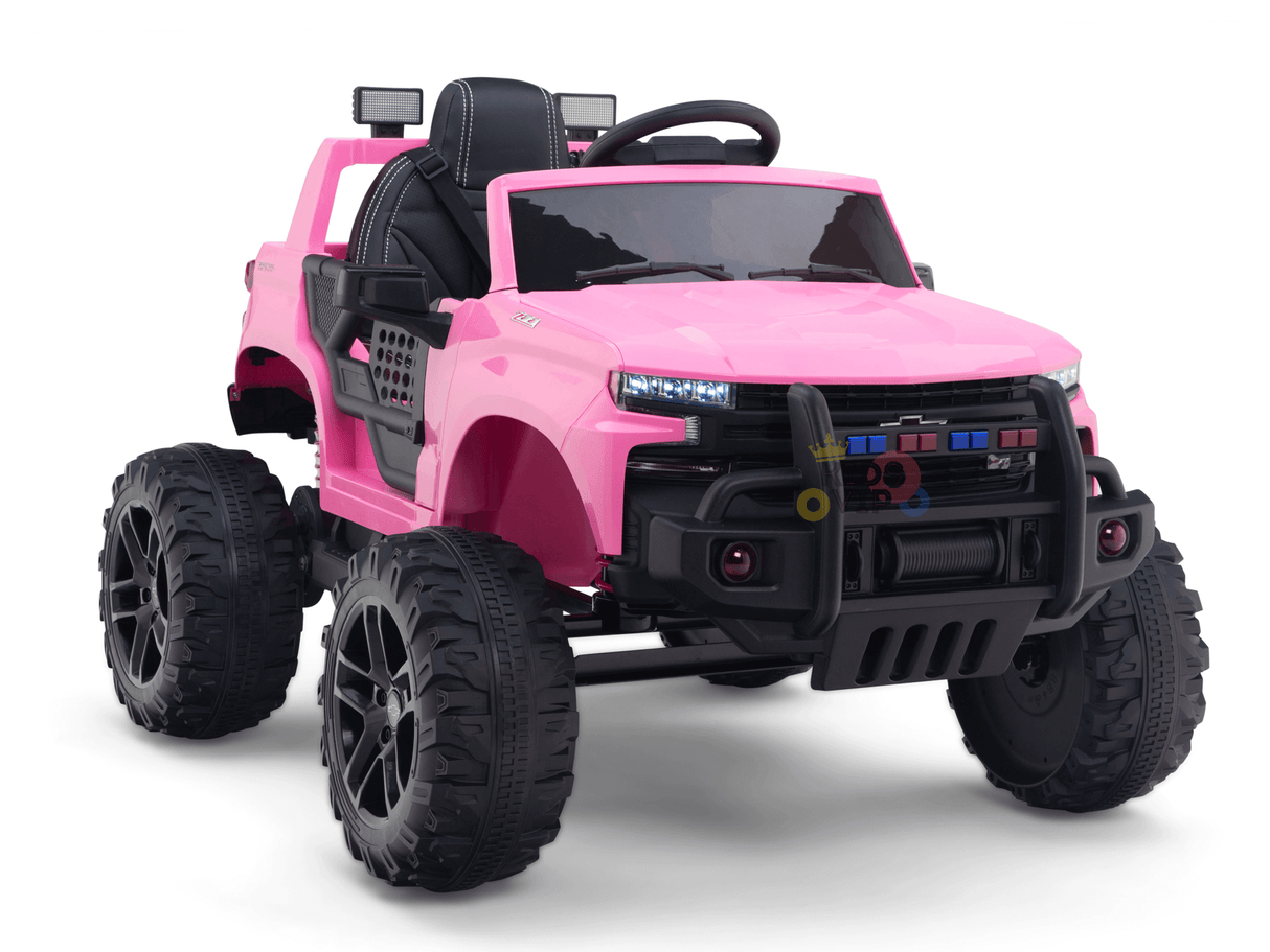 The Pink 24V Chevrolet Silverado Kids Licensed 1 Seater Ride On Lifted Truck with Remote features large black tires, a sleek black grille, side mirrors, a detailed dashboard, open sides, and a comfy black seat for adventurous child drivers.