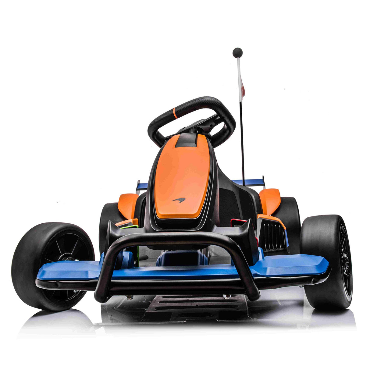 Front view of the Orange 24V Official Complete Edition McLaren Super Drifting Go-Kart, with a small rear flag, broad tires, and a streamlined body—perfect for thrilling kids ride-on drifting adventures.