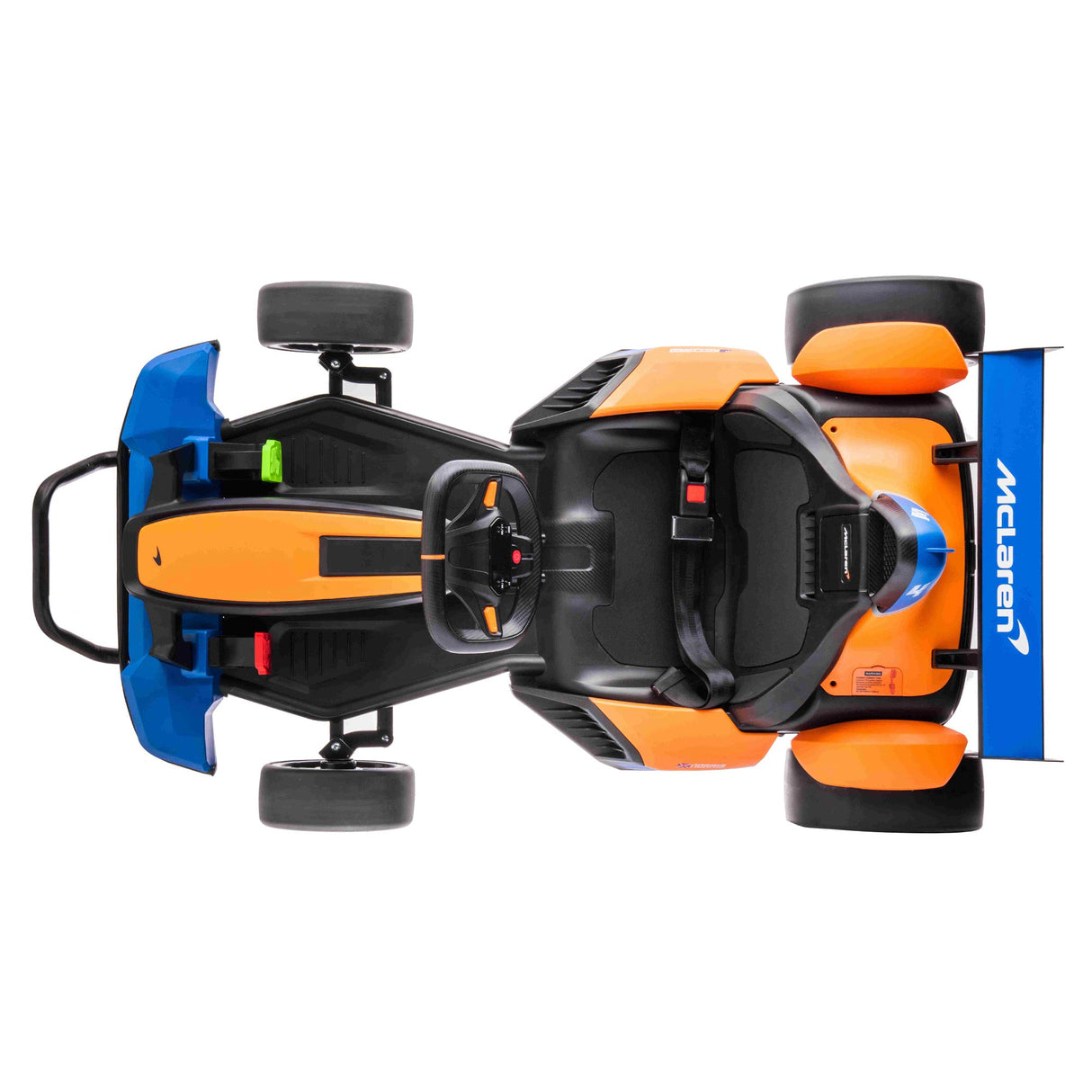 Top view of the vibrant Orange 24V Official Complete Edition McLaren Super Drifting Go-Kart, featuring a steering wheel, racing seat, rear wing McLaren branding, sleek lines, and sporty aesthetics designed for drifting.