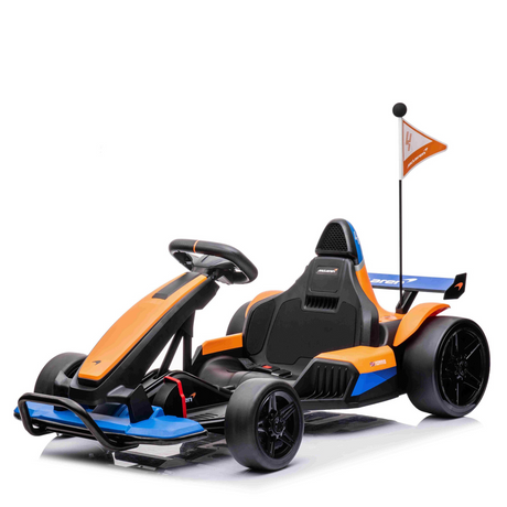The Orange 24V Official Complete Edition McLaren Super Drifting Go-Kart features a sporty design with black and blue details, a steering wheel, large wheels, a sleek seat, and a rear pole with a 4 flag, ideal for young adventurers who love corner drifting.