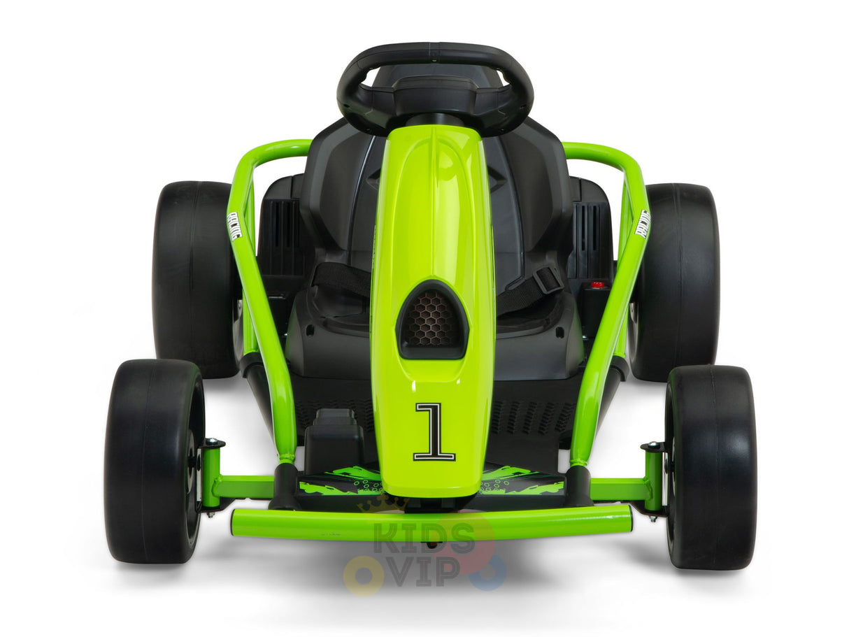 The green 24V Sport Challenger Outdoor Drifting Kids Go Kart features a front view with the number 1, large black wheels, a black seat, and handlebars in a vibrant green frame—ideal for thrilling young racers.