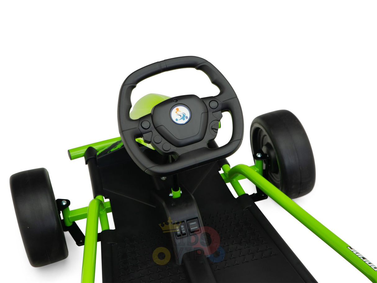 Close-up of a black steering wheel on a Green 24v Sport Challenger Outdoor Drifting Kids Go Kart, featuring a sturdy frame with thick black tires and textured platform. The logo on the wheel is visible but indistinct, ideal for go-kart drifting enthusiasts.