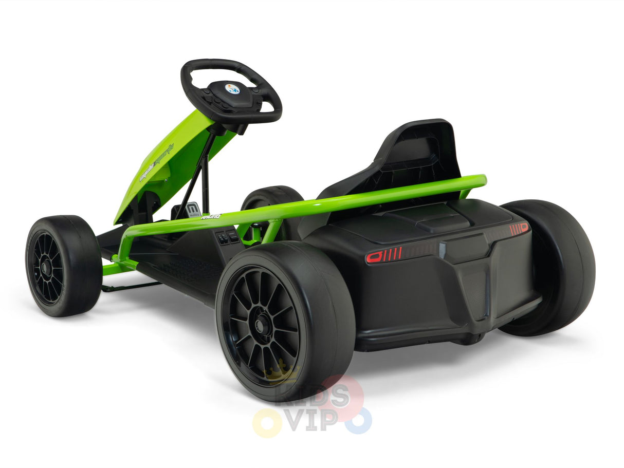 The Green 24v Sport Challenger Outdoor Drifting Kids Go Kart features a sleek design with a green and black color scheme, bucket seat, steering wheel, and large wheels. It showcases its dynamic form from the back and one side.