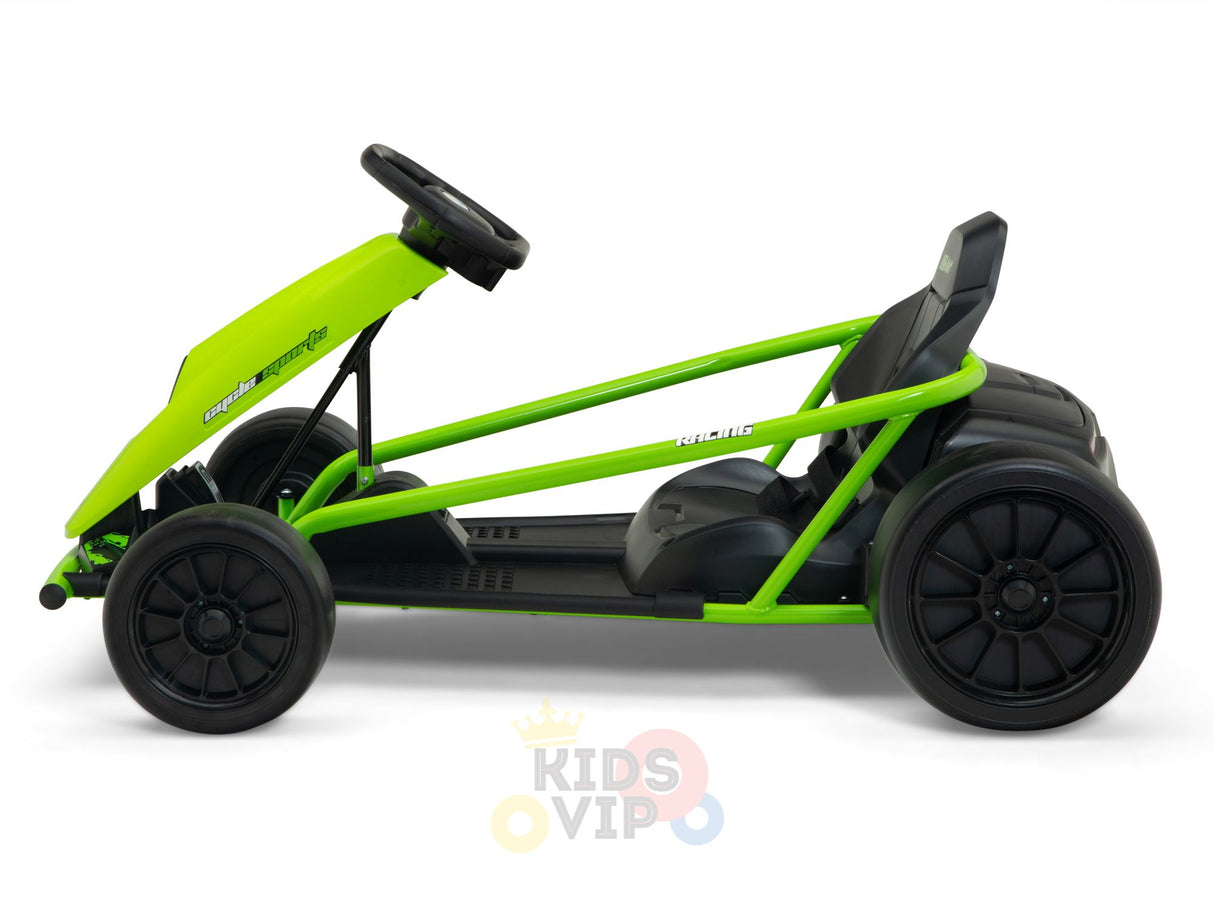 A lime green 24V Sport Challenger Outdoor Drifting Kids Go Kart with a black seat and wheels on a white background. It features a minimalistic frame and steering wheel, with the KIDS VIP logo subtly beneath it, perfect for young racers eager to master drifting in style.