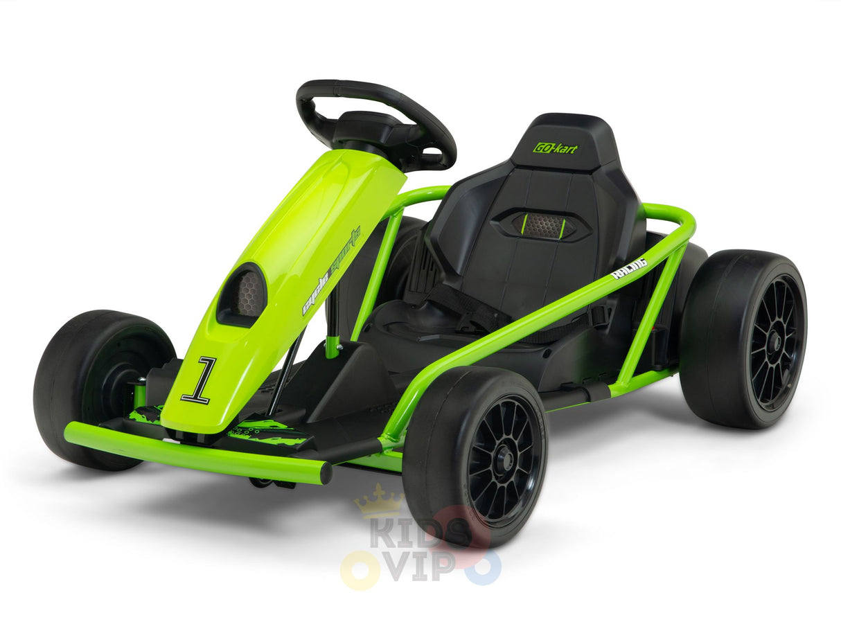The Green 24V Sport Challenger Outdoor Drifting Kids Go Kart features a sleek design with bright green color, black accents, and large wheels. It has a racing seat, steering wheel, 1 on the front, and BERG branding for an exciting ride.