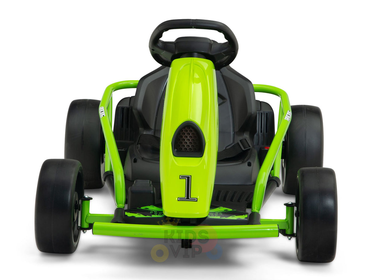 The Green 24V Sport Challenger Outdoor Drifting Kids Go-Kart is shown from the front, featuring a vibrant green frame with a black seat and steering wheel, sleek design, thick black tires, and sporty number 1 on the front panel.