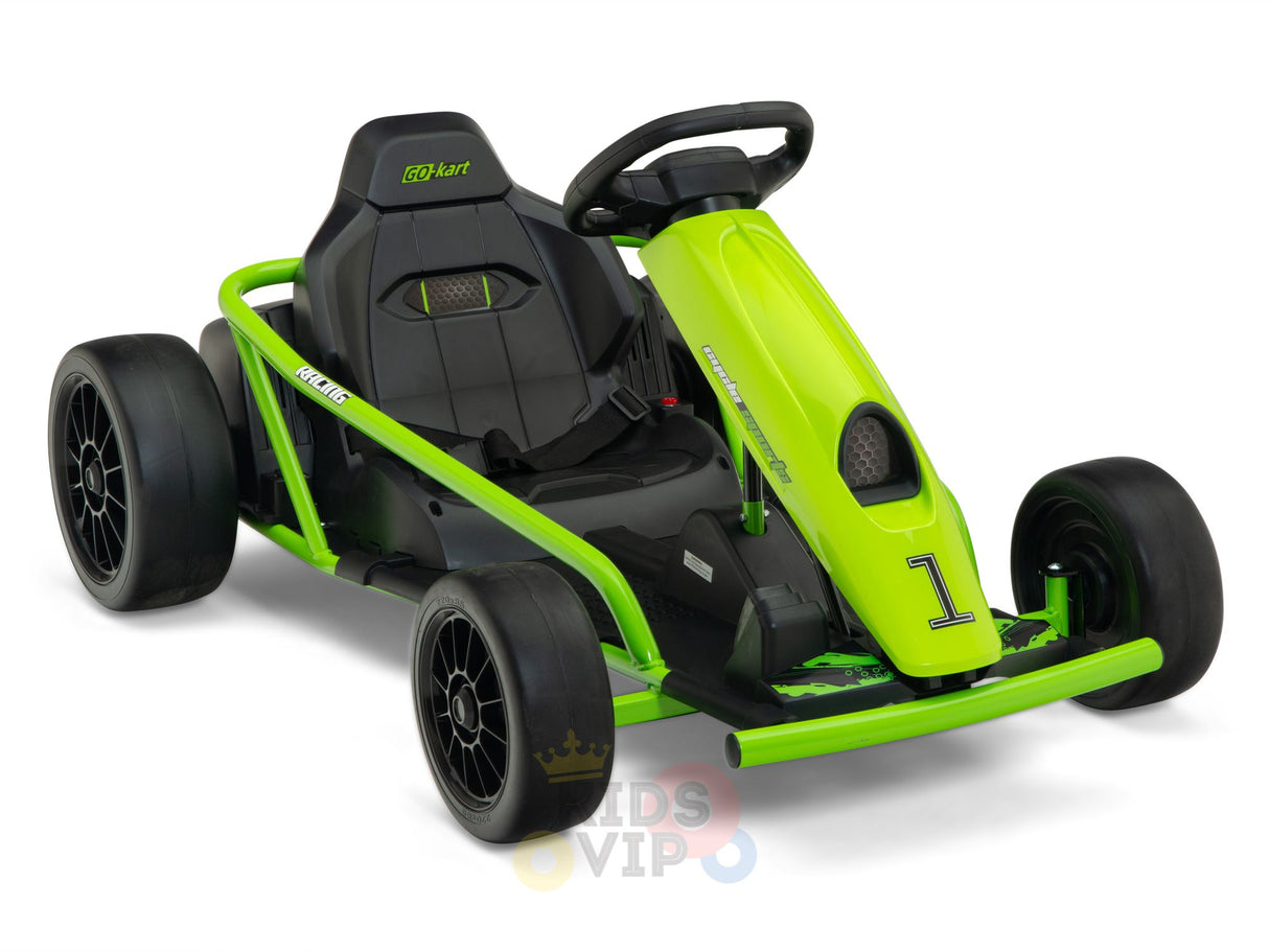 The Green 24V Sport Challenger Outdoor Drifting Kids Go-Kart boasts a bright green color, black accents, and a racing seat. With a sleek design featuring a bold 1 on the front, it has black steering wheel and wheels—ideal for exciting drifts.