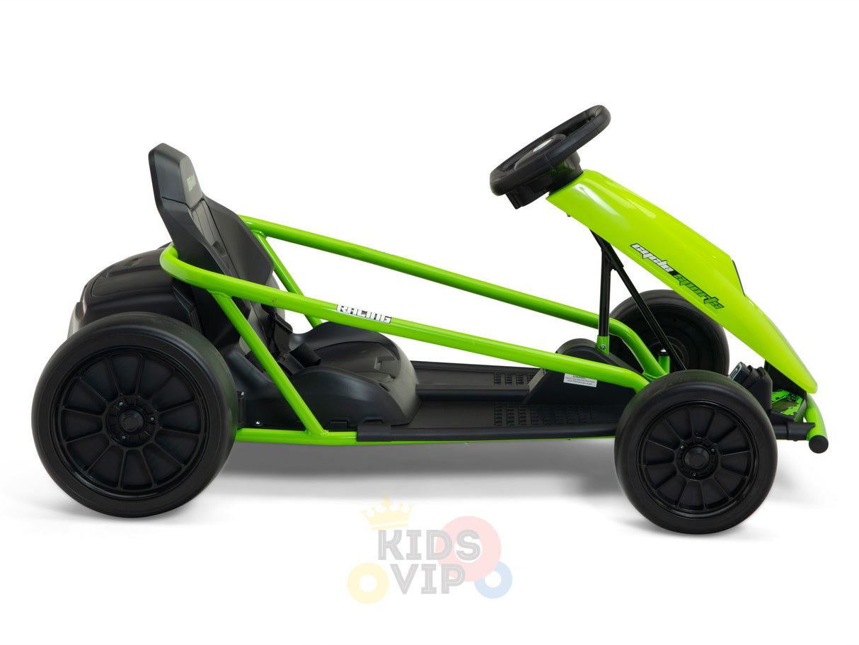 The Green 24v Sport Challenger Outdoor Drifting Kids Go Kart, with its vibrant green body and black seats, steering wheel, and wheels, is shown in side profile on a white background. This sleekly designed go-kart is ideal for adventurous young racers.