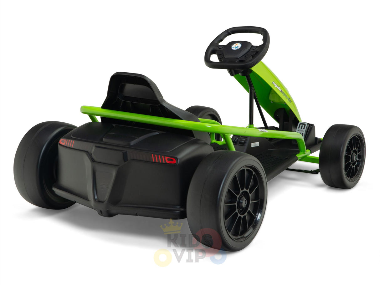 The Green 24V Sport Challenger Outdoor Drifting Kids Go Kart boasts a sleek black seat and frame, four wheels, a steering wheel, taillights, and a branded rear logo for sporty allure. Its designed for ultimate drifting fun.