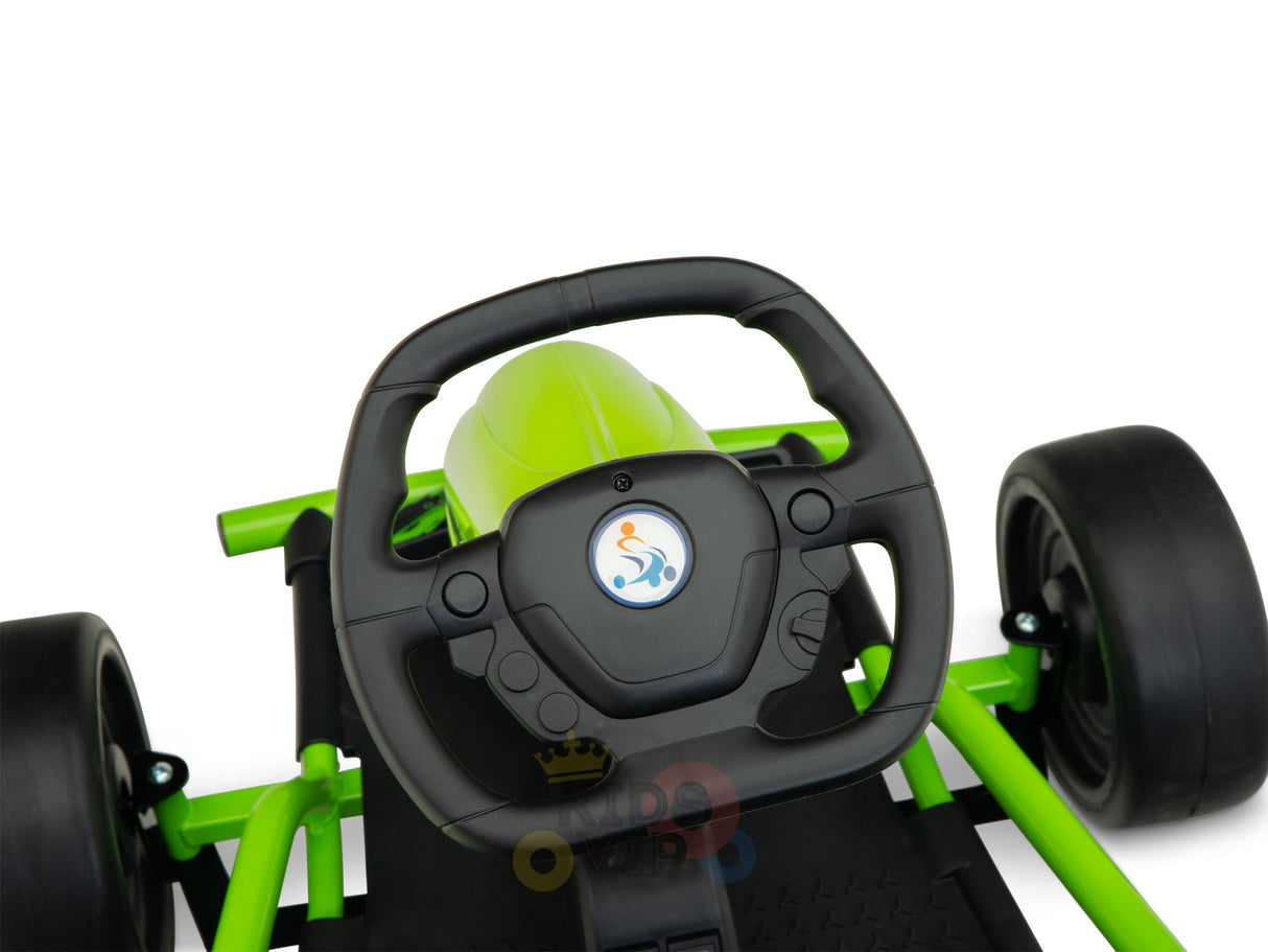 The Green 24V Sport Challenger Outdoor Drifting Kids Go Kart features a simple green steering wheel with buttons and a driver icon on its emblem, mounted on a black frame with visible wheels, perfect for young go-kart enthusiasts.