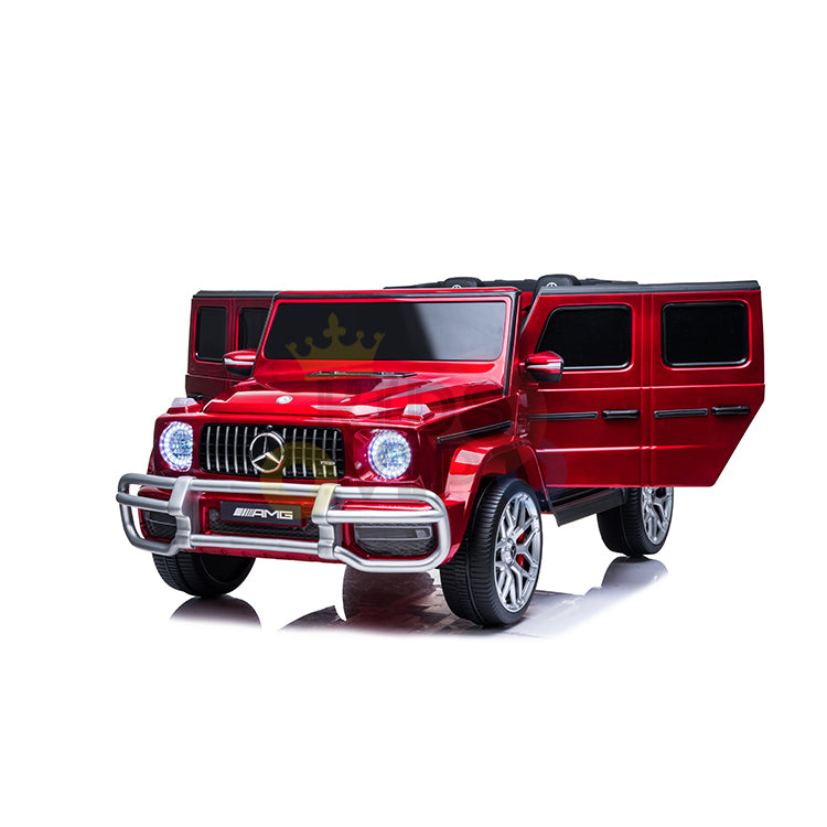 The 2 Seats 4x4 Official Mercedes Benz G63 Complete Edition Red 24V Kids Ride On Car with RC features open doors, detailed headlights, a crown graphic on the windshield, chrome accents, and a black interior for extended playtime fun.