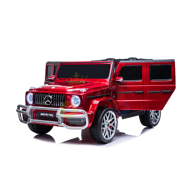 A red luxury kids ride-on toy car modeled after the Mercedes Benz G63 SUV features a detailed front grille, headlights, and side windows. Powered by a 24V battery, this 2 Seats 4x4 Official Mercedes Benz G63 Complete Edition is showcased on a plain white background.