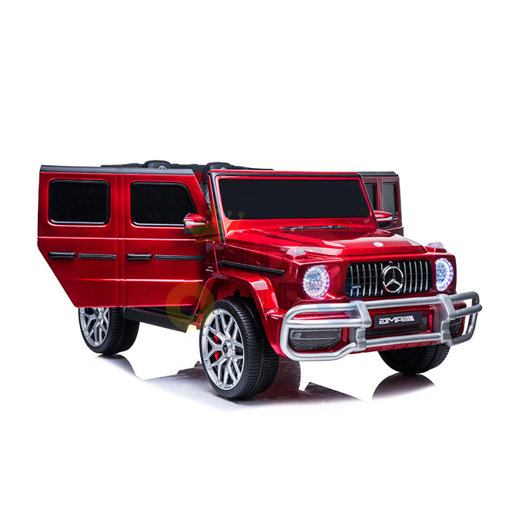 The 2 Seats 4x4 Official Mercedes Benz G63 Red 24V Kids Ride On Car with RC is a luxury SUV design featuring black-tinted windows, illuminated headlights, and wide-opening doors against a white backdrop.