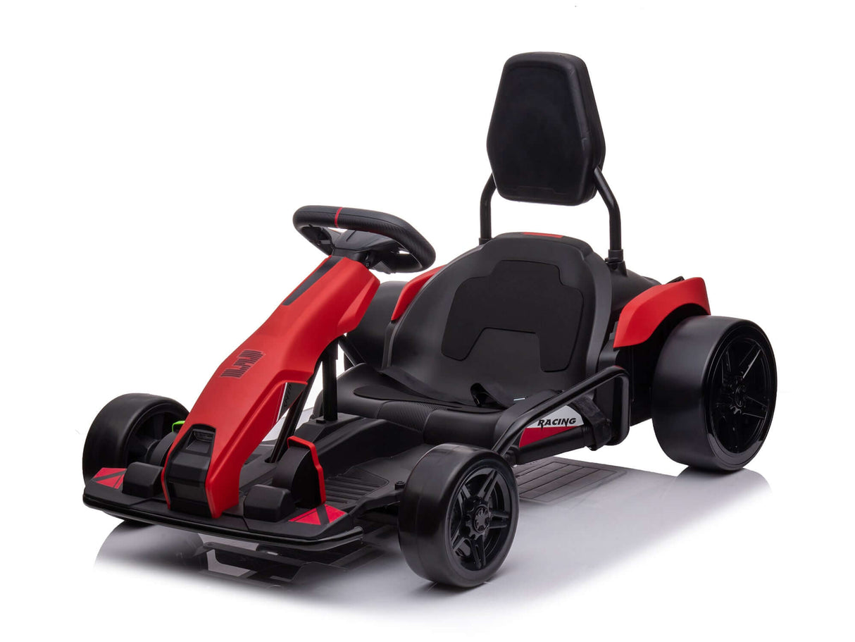 The Big Kids Powerful 24V Speedster Drifting Go-Kart features a sleek red and black design, steering wheel, padded seat with high backrest, and four sturdy EVA-rubber wheels on a metal frame, driven by 24V HP motors for an exhilarating ride.