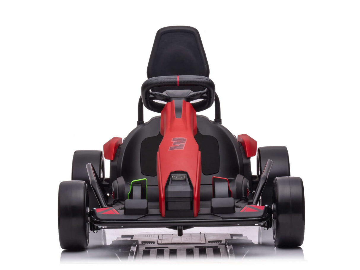 Front view of the sleek Big Kids Powerful 24V Speedster Drifting Go-Kart in vibrant red and black, featuring a sporty design with a prominent seat, EVA-rubber wheels, and detailed accents for a modern look powered by 24V HP motors for an exhilarating ride.