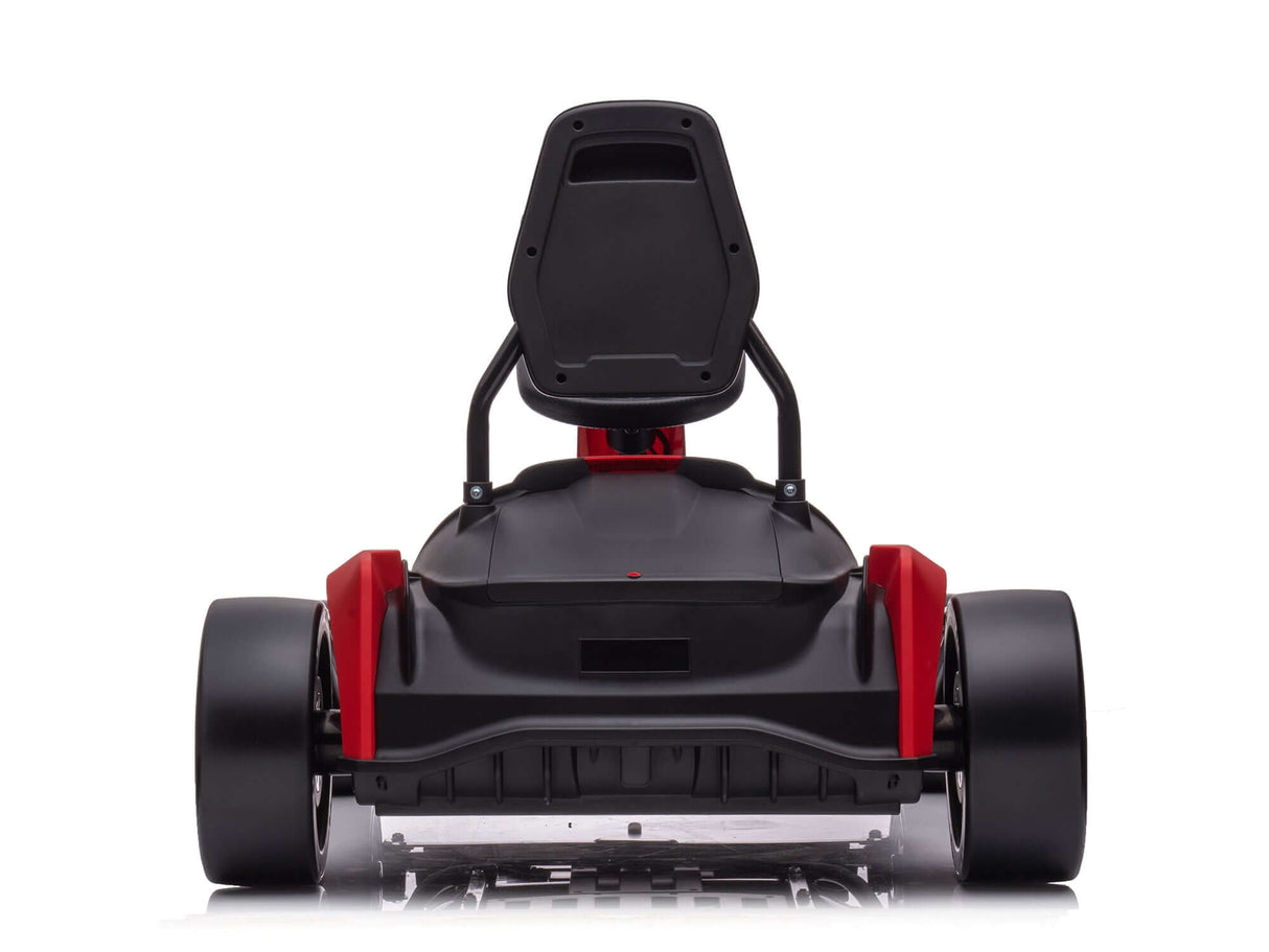 A rear view of the Big Kids Powerful 24V Speedster Drifting Go-Kart showcases its sleek black and red design with a visible seat, large EVA-rubber wheels, and sturdy frame powered by 24V HP motors, all set against a white background.