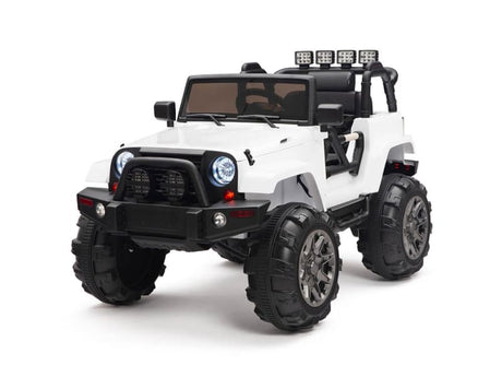 The White 12V Sport Edition Trailcat Big Wheels Kids Ride on Truck with RC features oversized black tires, a roll bar, spotlights, and realistic details like a grille, headlights, and mirrors.