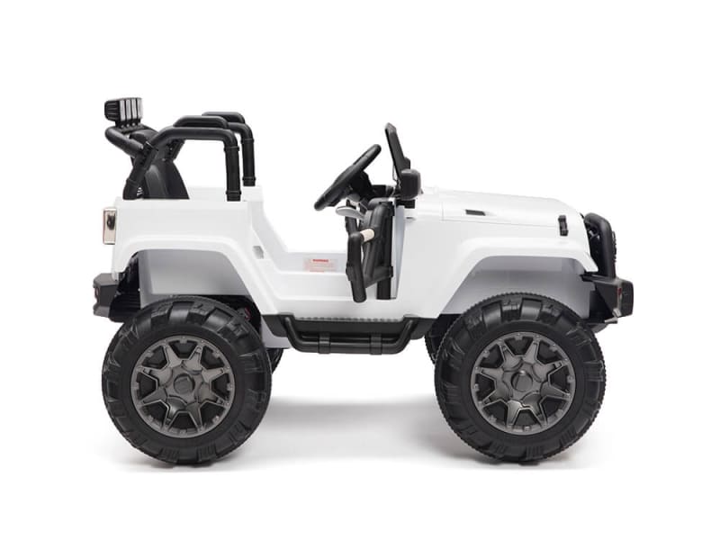 The White 12V Sport Edition Trailcat Big Wheels Kids Ride on Truck with RC features oversized black wheels, open sides, and a sturdy roll cage, making it ideal for adventurous play. Its presented on a plain white background and includes a parental remote for added safety.