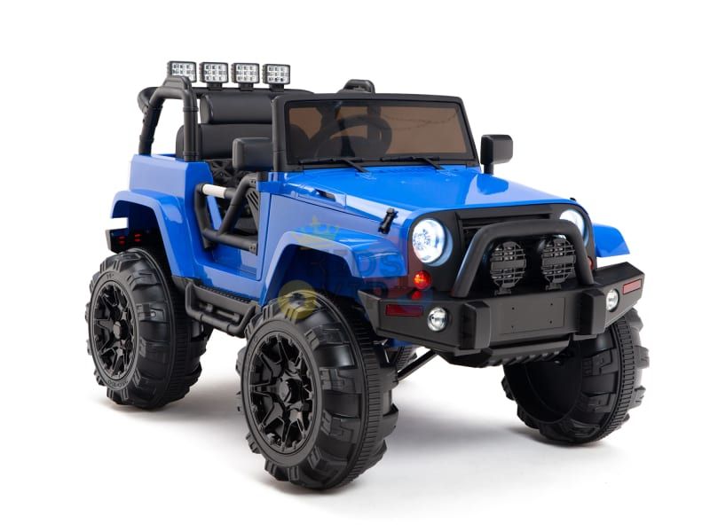 The Blue 12V Sport Edition Trailcat Big Wheels Kids Ride on Truck with RC resembles a rugged off-road vehicle, featuring large black tires, side mirrors, front lights, a roll bar with extra lights, an open-top design, and a detailed interior for adventurous young drivers.