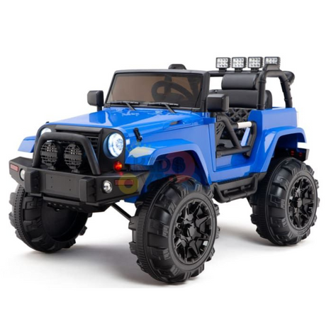 The Blue 12V Sport Edition Trailcat Kids Ride on Truck with RC has big black wheels, a roll bar, front grill, LED lights, and an open roof. It boasts a detailed interior that mimics a rugged off-road Jeep, ideal for kids outdoor play and thrilling adventures.