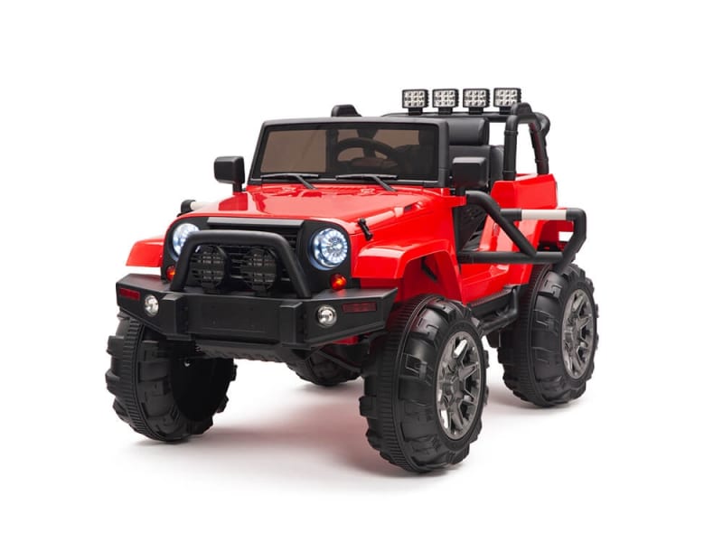 The Red 12V Sport Edition Trailcat Big Wheels Kids Ride-on Truck with RC is a rugged jeep-style toy featuring oversized black tires, a roll bar, detailed front bumper, headlights, and top-mounted lights for adventurous play.