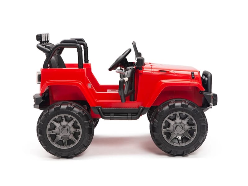 The Red 12V Sport Edition Trailcat Big Wheels Kids Ride-on Truck, viewed from the side on a white background, features parental remote control, black roll bars, oversized wheels, and side mirrors, promising adventure and style for young explorers.