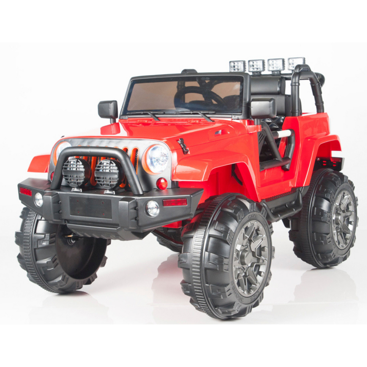 The Red 12V Sport Edition Trailcat Big Wheels Kids Ride on Truck with RC features oversized wheels, rugged black tires, a red off-road design, two round headlights in the front grille, and lights on the roll bar, all displayed on a plain white background.