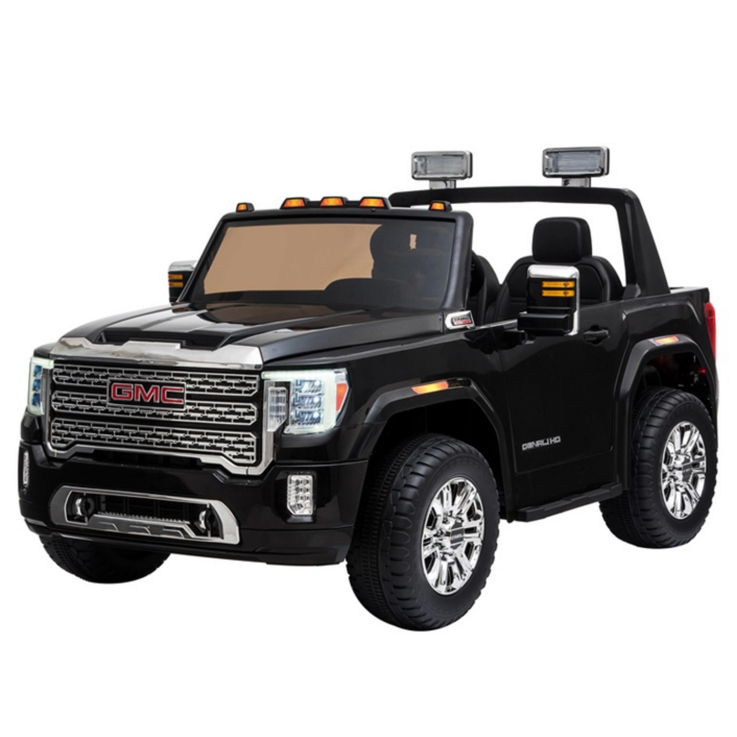 The Black 2x12V Licensed 4WD GMC Sierra Kids Ride On Car features a realistic dashboard, open roof, large tires, rearview mirrors, working lights on top and sides, and a grille with the GMC logo. It also offers parental remote control for added safety.