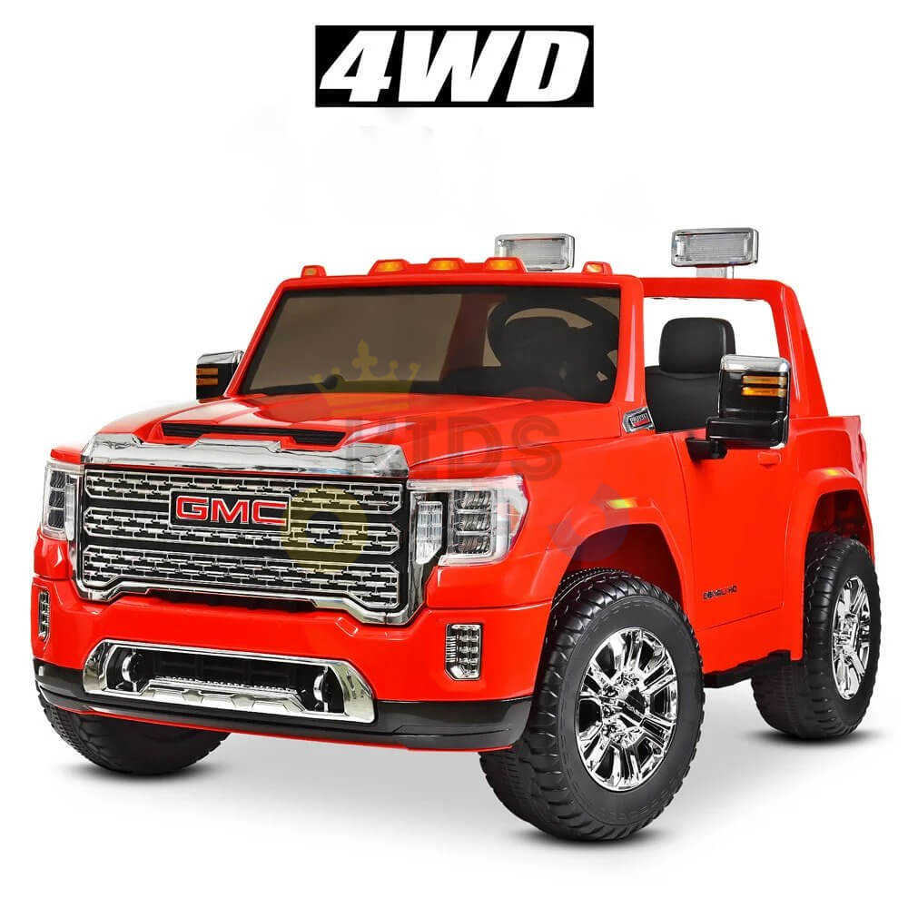The Red 2x12V Licensed 4WD GMC Sierra Kids Ride On Car with RC features four large wheels, shiny chrome details, side mirrors, headlights, and a detailed front grille. This robust toy captures attention and is perfect for adventurous children as a thrilling ride-on car.