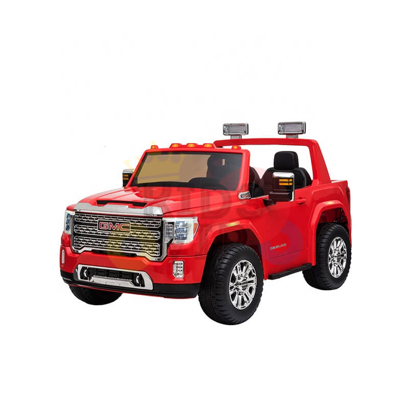 The Red 2x12V Licensed 4WD GMC Sierra Kids Ride On Car features large headlights, side mirrors, and realistic detailing. It has two seats, a sturdy frame for children, and includes an RC for added fun.