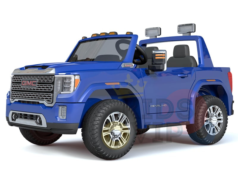 The Blue 2 Seats Officially Licensed 4WD GMC Sierra 2x12V Kids Ride On Car features a chrome grille, large wheels, rearview mirrors, side mirrors, and top light bars, suggesting its off-road capability for thrilling adventures.