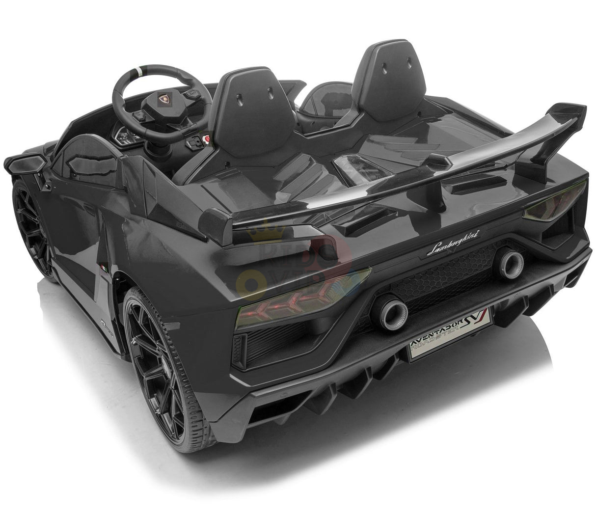 Introducing the Black 24V Lamborghini SVJ Ultimate Drifting Car, a sleek electric toy car resembling a luxury sports model. In glossy dark gray, it features two seats, a detailed dashboard, realistic taillights, drifting wheels, and dual exhausts for thrilling adventures!.