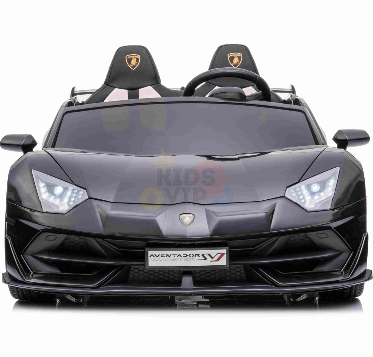 The Black 24V Lamborghini SVJ Ultimate Drifting Car features LED headlights, an Aventador-inspired interior with two comfy seats, and a steering wheel. Its drifting wheels add realism to this sleek ride-on car for kids.