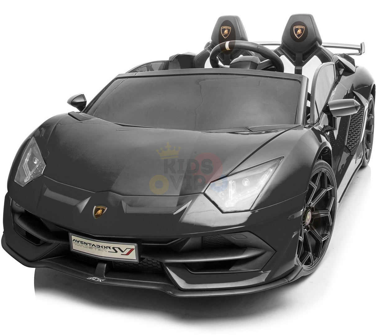The Black 24V Lamborghini SVJ Ultimate Drifting Car for kids boasts a glossy finish, convertible design, angular headlights, sporty front bumper, and drifting wheels. It includes two seats and a visible steering wheel for realism.